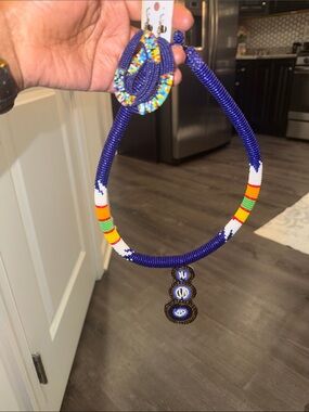 Handcrafted Blue Beaded Necklace with Multicolor Accents